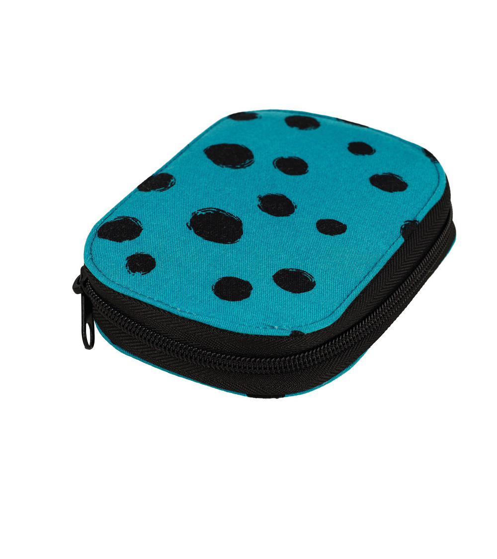 Pochette à couture 14x9cm pois noirs fonds turquoise