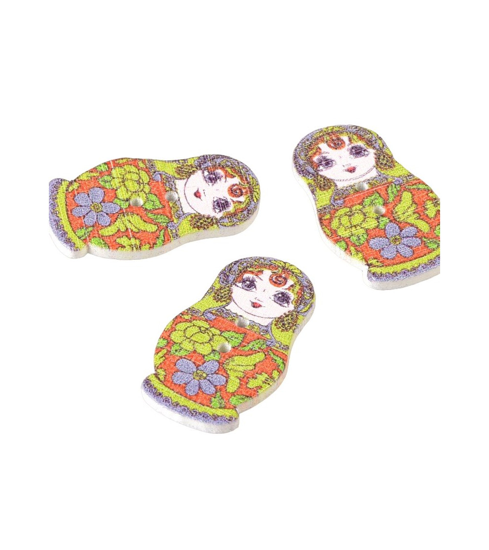 Set of 6 red and green Russian doll wooden buttons 30mm
