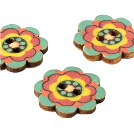 Lot de 6 boutons en bois fleur décorée multicolore 20mm