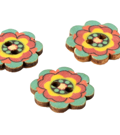 Lot de 6 boutons en bois fleur décorée multicolore 20mm