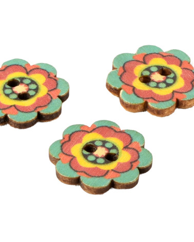 Set of 6 multi-colored decorated flower wooden buttons 20mm