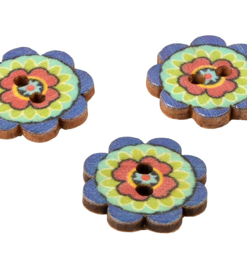 Lot de 6 boutons en bois fleur décorée multicolore 20mm