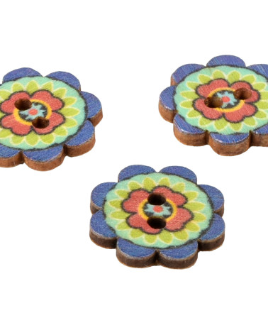 Set of 6 multi-colored decorated flower wooden buttons 20mm