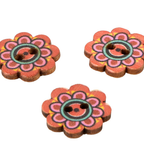 Lot de 6 boutons en bois fleur décorée multicolore 20mm