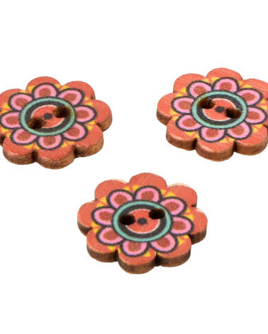 Set of 6 multi-colored decorated flower wooden buttons 20mm