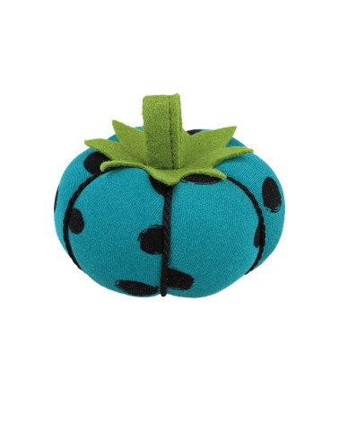 Tomato pin holder 8cm black dots turquoise background