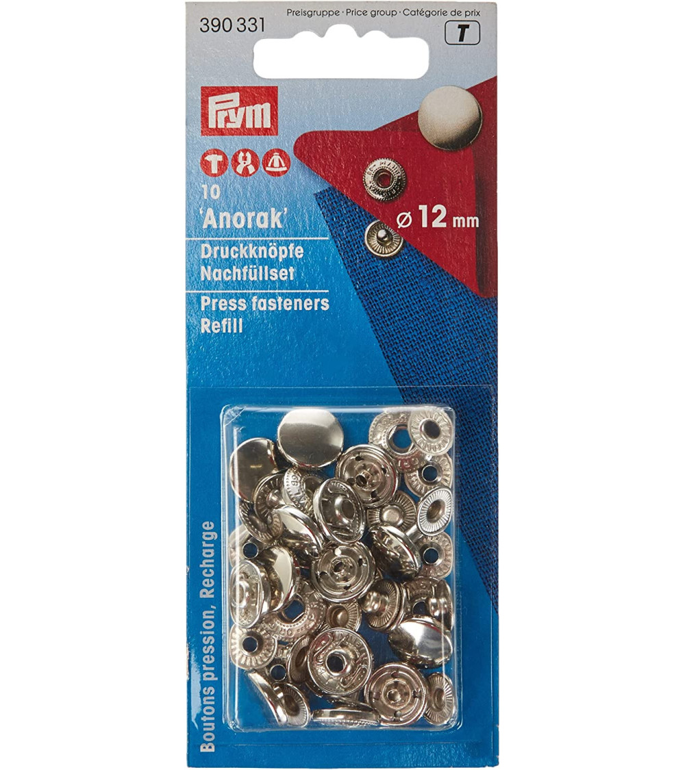 Lot de 10 boutons pression sans couture argenté Prym 12mm