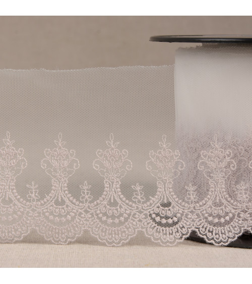 Scalloped embroidered tulle old pink 80mm per meter made in Europe