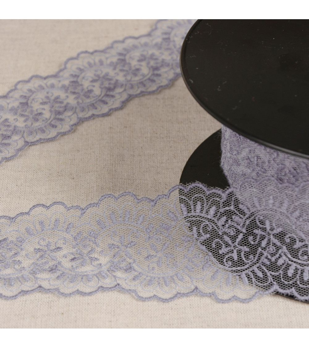 Tulle embroidered between two lavender blue 60mm per meter made in Europe