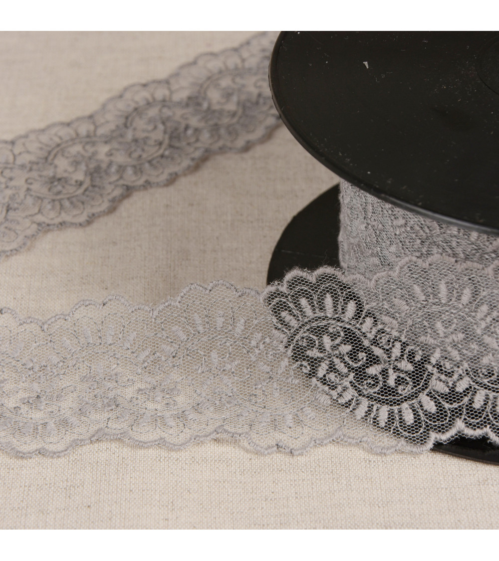 Tulle embroidered between two medium gray 60mm per meter made in Europe