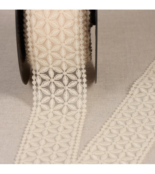 Tulle embroidered between two ecru flowers 60mm per meter made in Europe