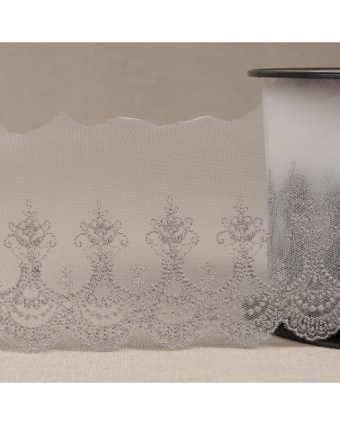 Spool 14.6m medium grey scalloped embroidered tulle 80mm made in Europe