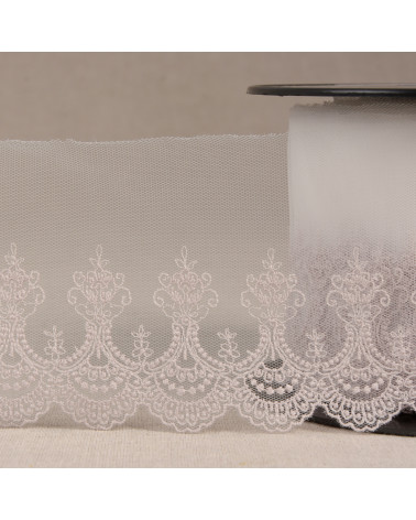 Spool 14.6m scalloped embroidered tulle old pink 80mm made in Europe