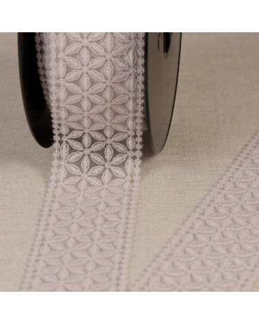 Spool 14.6m tulle embroidered between two old pink flowers 60mm made in Europe