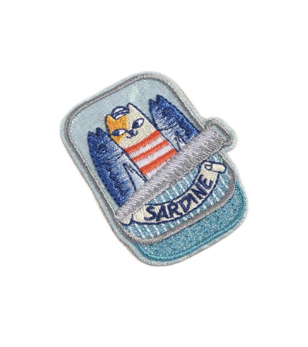 Cat in a sardine can iron-on patch 4.5cm x 5.5cm