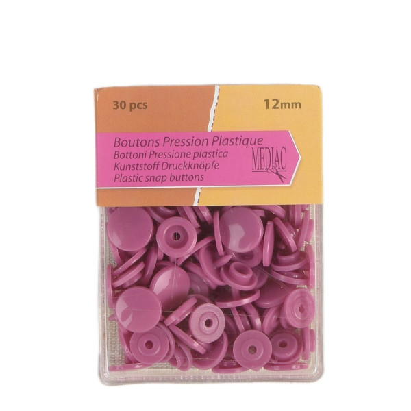 Lot de 30 boutons pression 100% plastique Rose violet 12mm