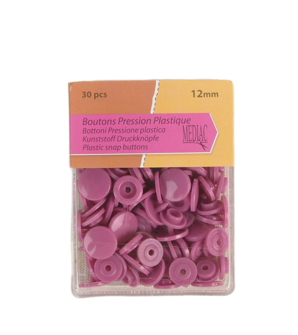 Lot de 30 boutons pression 100% plastique Rose violet 12mm