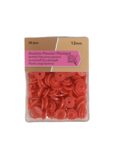Pack of 30 100% plastic snap buttons Red 12mm