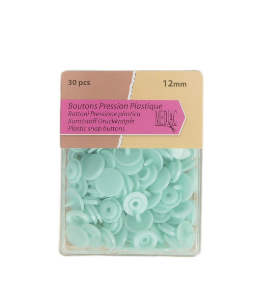 Lot de 30 boutons pression 100% plastique vert d'eau 12mm