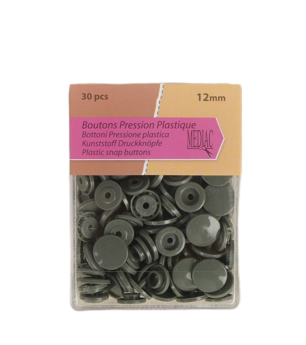 Lot de 30 boutons pression 100% plastique kaki 12mm