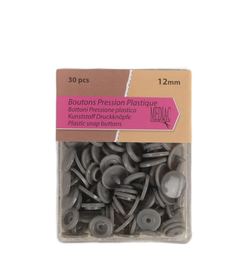 Lot de 30 boutons pression 100% plastique Gris foncé 12mm