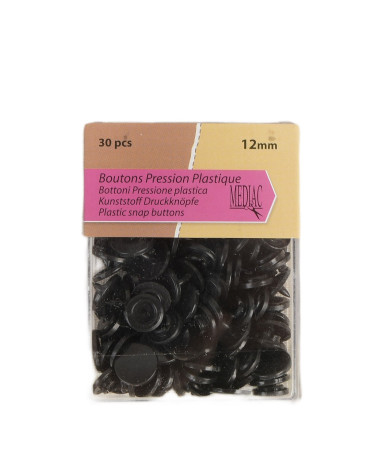 Set de 30 botones a presión 100% plástico Negro 12mm