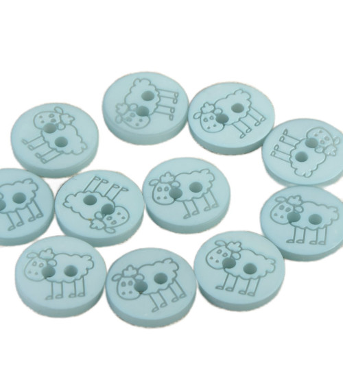 Lot de 6 boutons 2 trous mouton 15mm Bleu layette