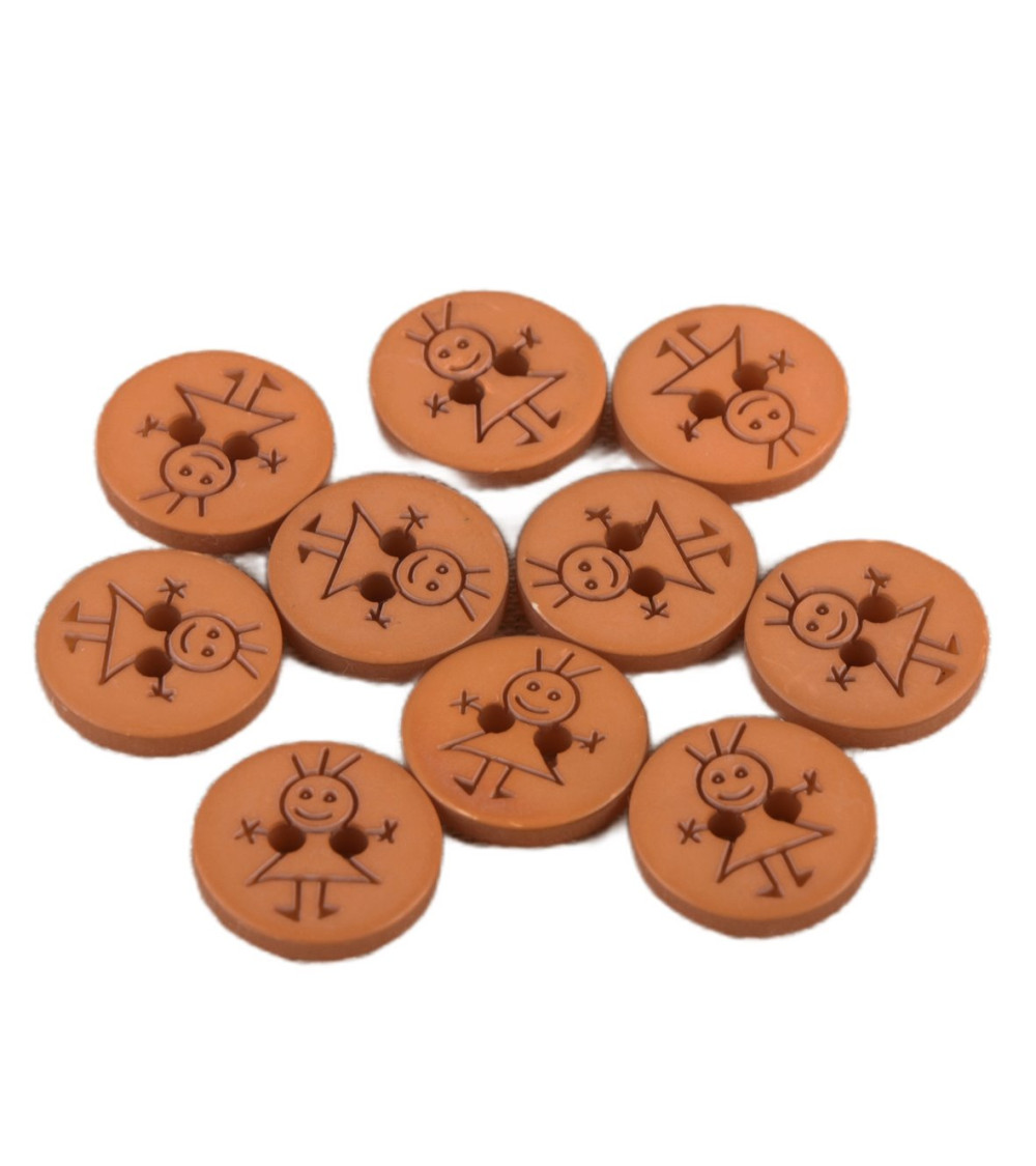 Lot de 6 boutons 2 trous fille 15mm orange rouille