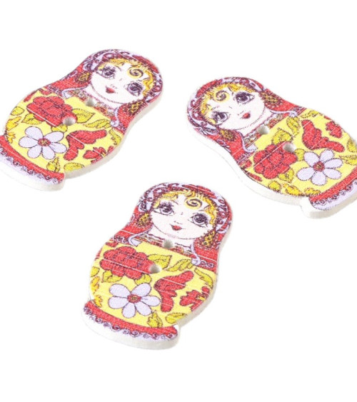 Set of 6 yellow and red Russian doll wooden buttons 30mm