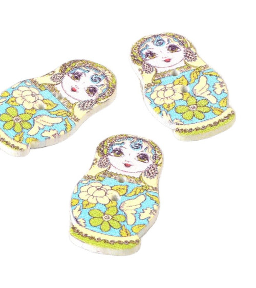 Lot de 6 boutons en bois poupée russe jaune et bleu 30mm