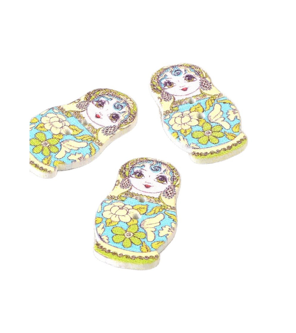 Set of 6 wooden buttons Russian doll yellow and blue 30mm