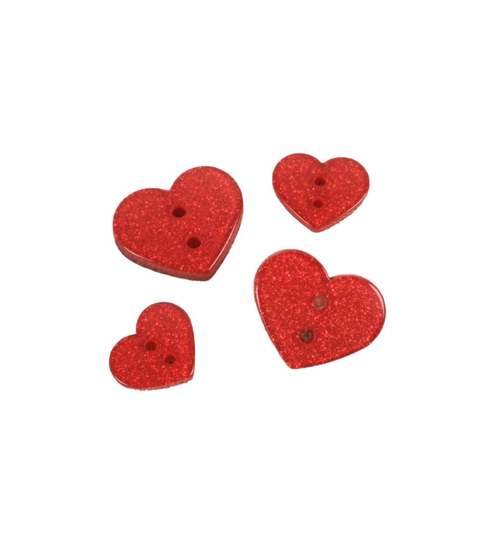 Set of 6 red glittery heart buttons