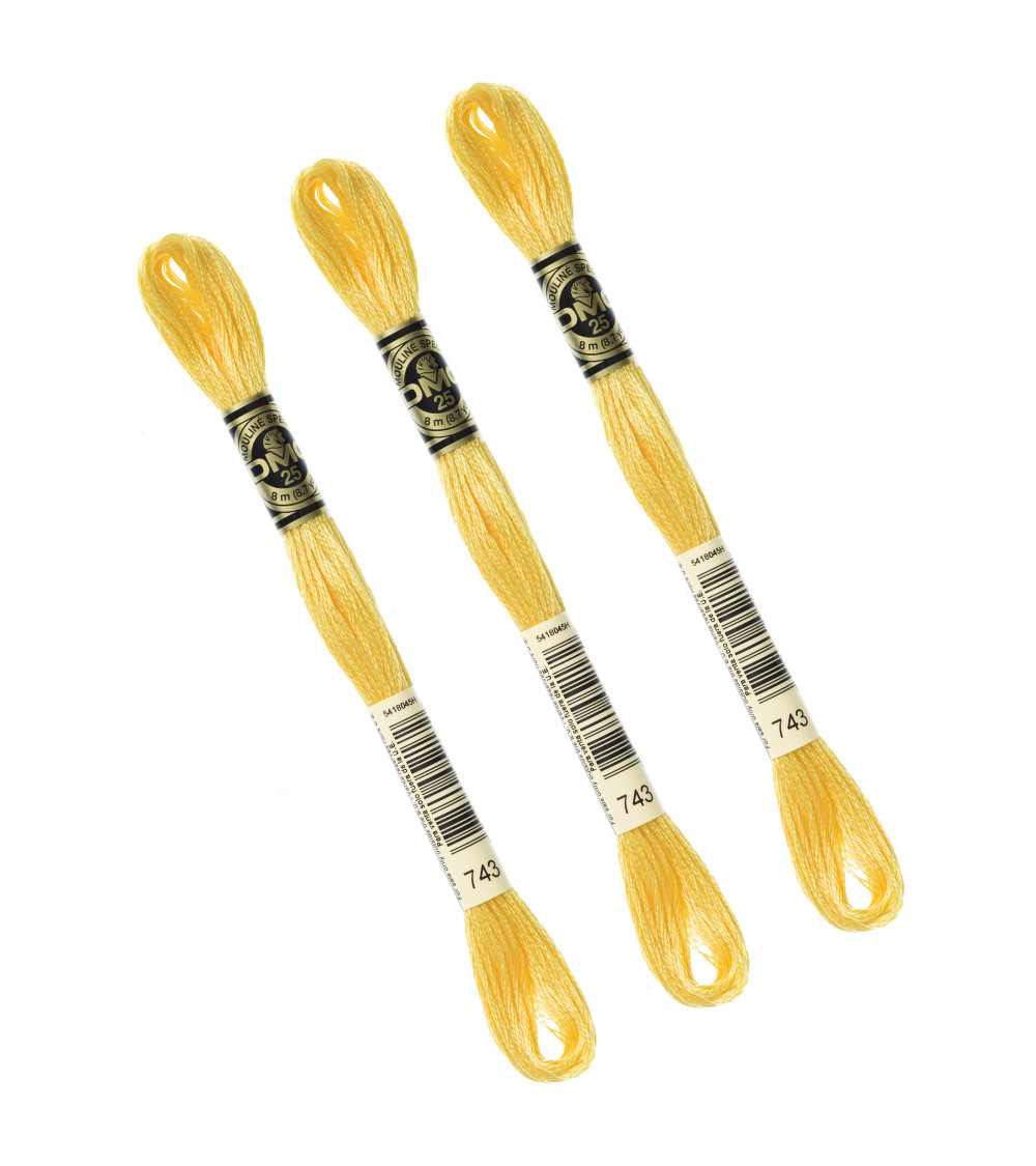Set of 3 skeins 8m DMC Mouliné embroidery thread 117 100% cotton yellow 743