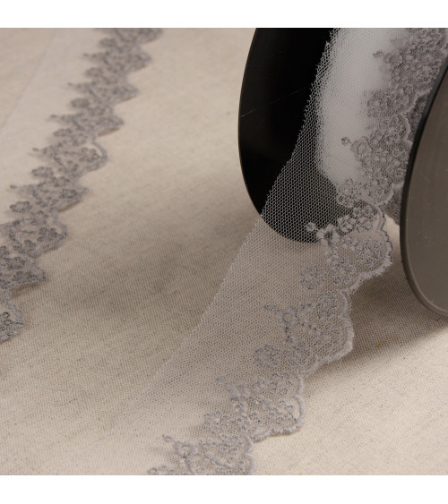Tulle embroidered flowers medium gray 45mm per meter made in Europe