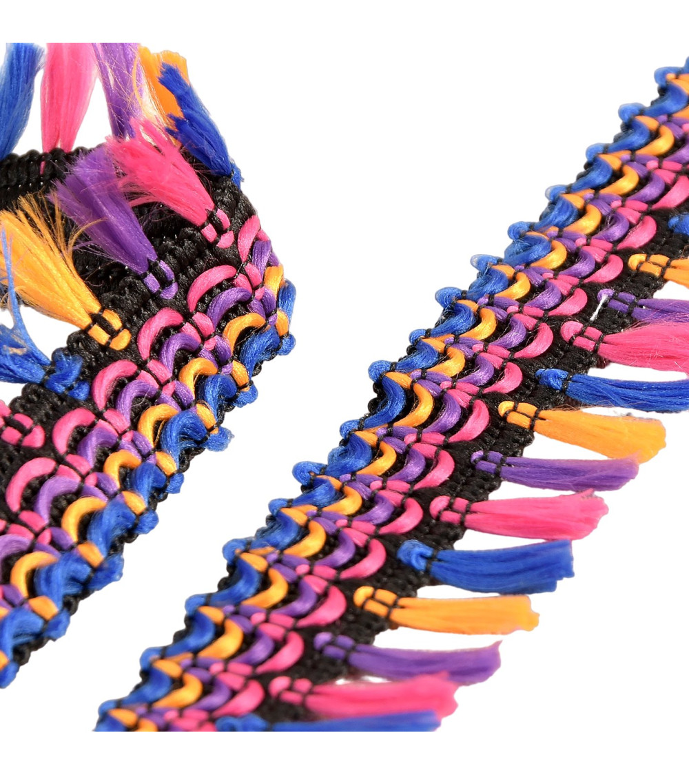 Bobine 15m frange pompons multicolore violet 30mm