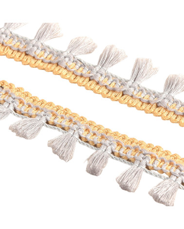 Bobine 20m frange pompons bicolore gris clair 25mm