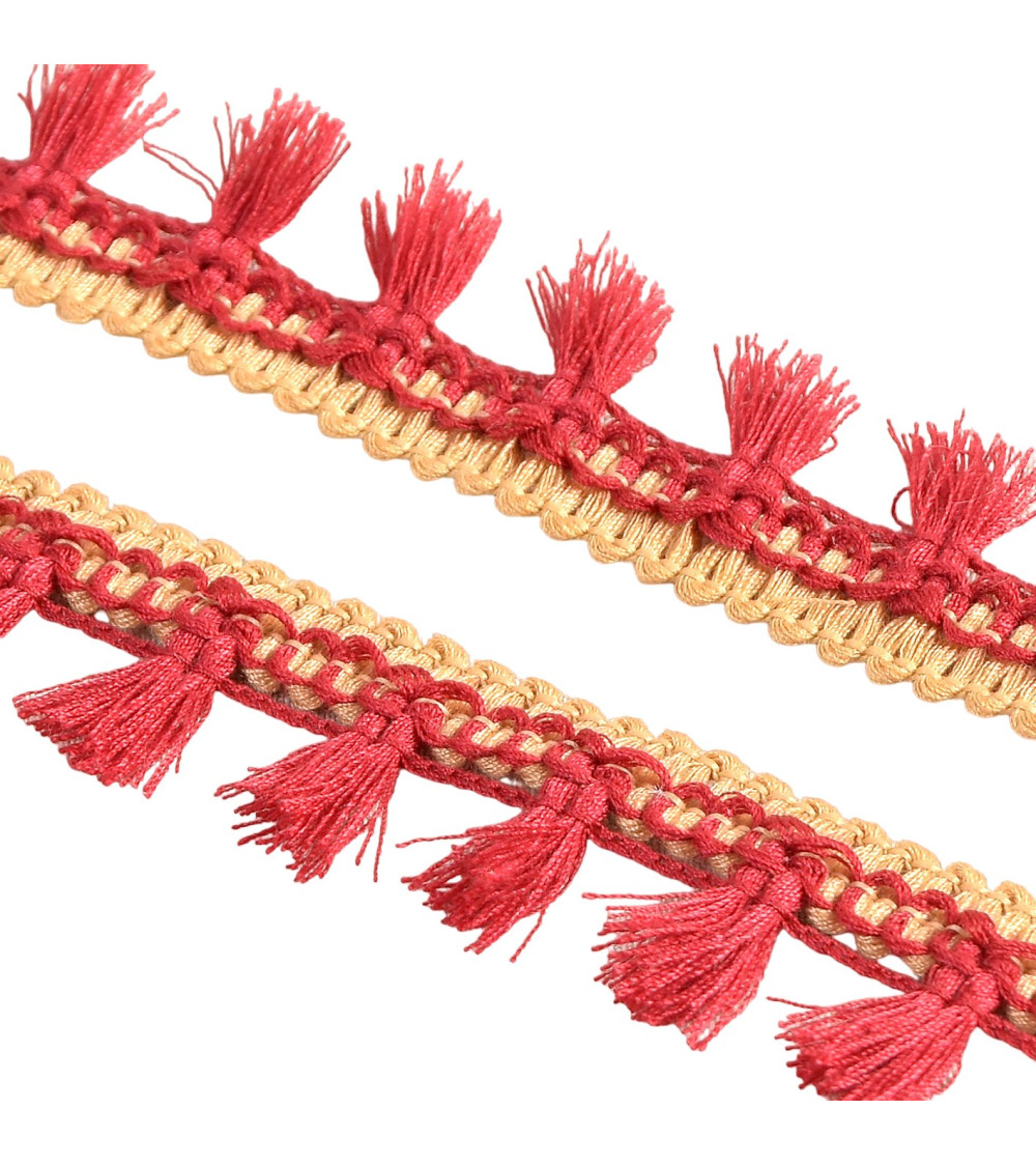 20m spool with two-tone burgundy red pompom fringe 25mm