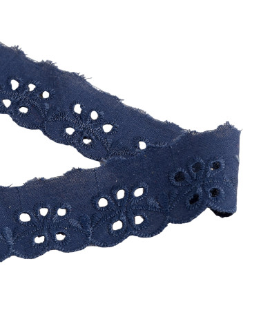 Bobina da 14,6 m di ricamo floreale smerlato blu navy da 30 mm