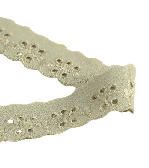 14.6m spool of almond green scalloped flower embroidery 30mm