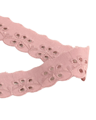 Bobina 14,6m de bordado de flores festoneadas rosa viejo 30mm