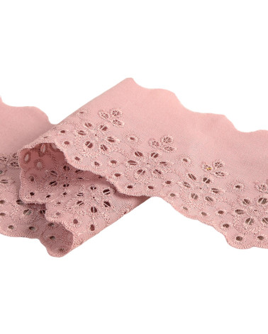 Bobine 14,6m broderie fleurs festonnée vieux rose 70mm