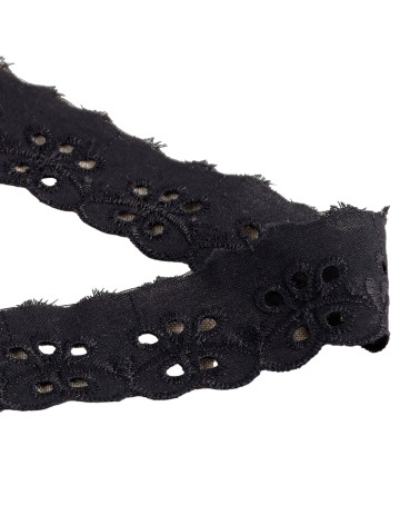 Broderie fleurs festonnée noir 30mm au mètre