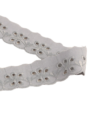 Medium grey scalloped flower embroidery 30mm per meter