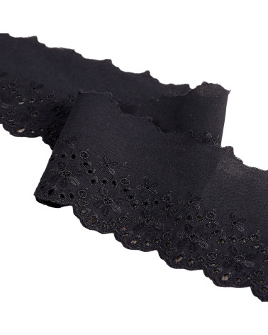 Broderie fleurs festonnée noir 80mm au mètre