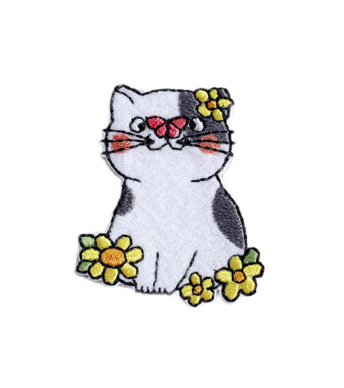 Lot de 3 écussons chat avec fleur blanc 3,5cm x 4,5cm