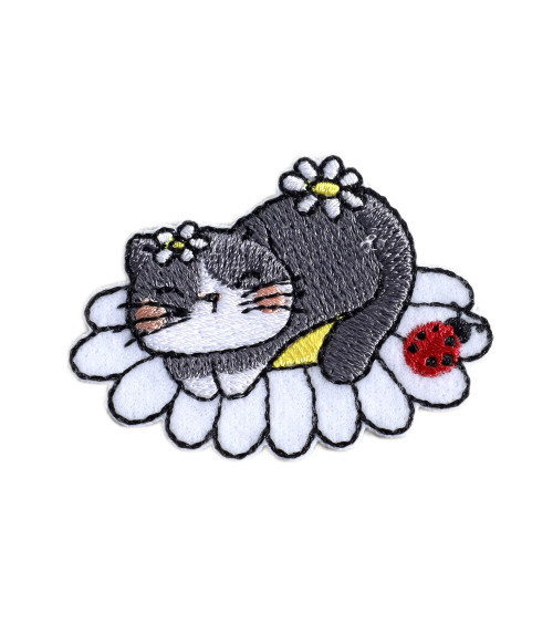 Set of 3 cat patches with gray flower 4.5cm x 3cm