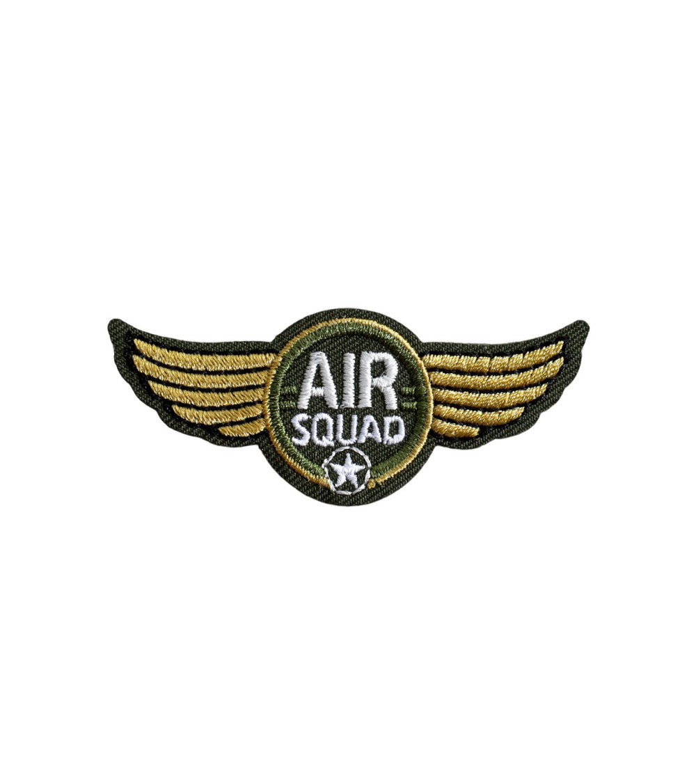 Juego de 3 parches de escudo de armas del escuadrón aéreo de aviación con alas doradas de color caqui, 5,7 cm x 2,4 cm
