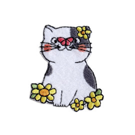 Ecusson chat avec fleur blanc 3,5cm x 4,5cm