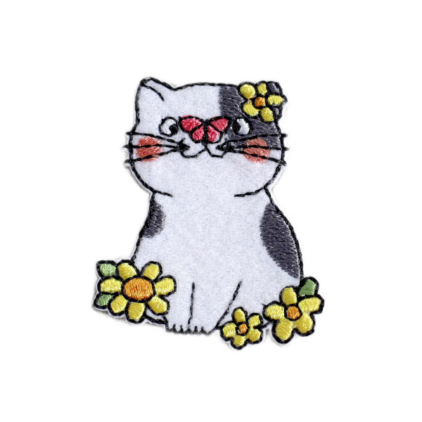 Ecusson chat avec fleur blanc 3,5cm x 4,5cm