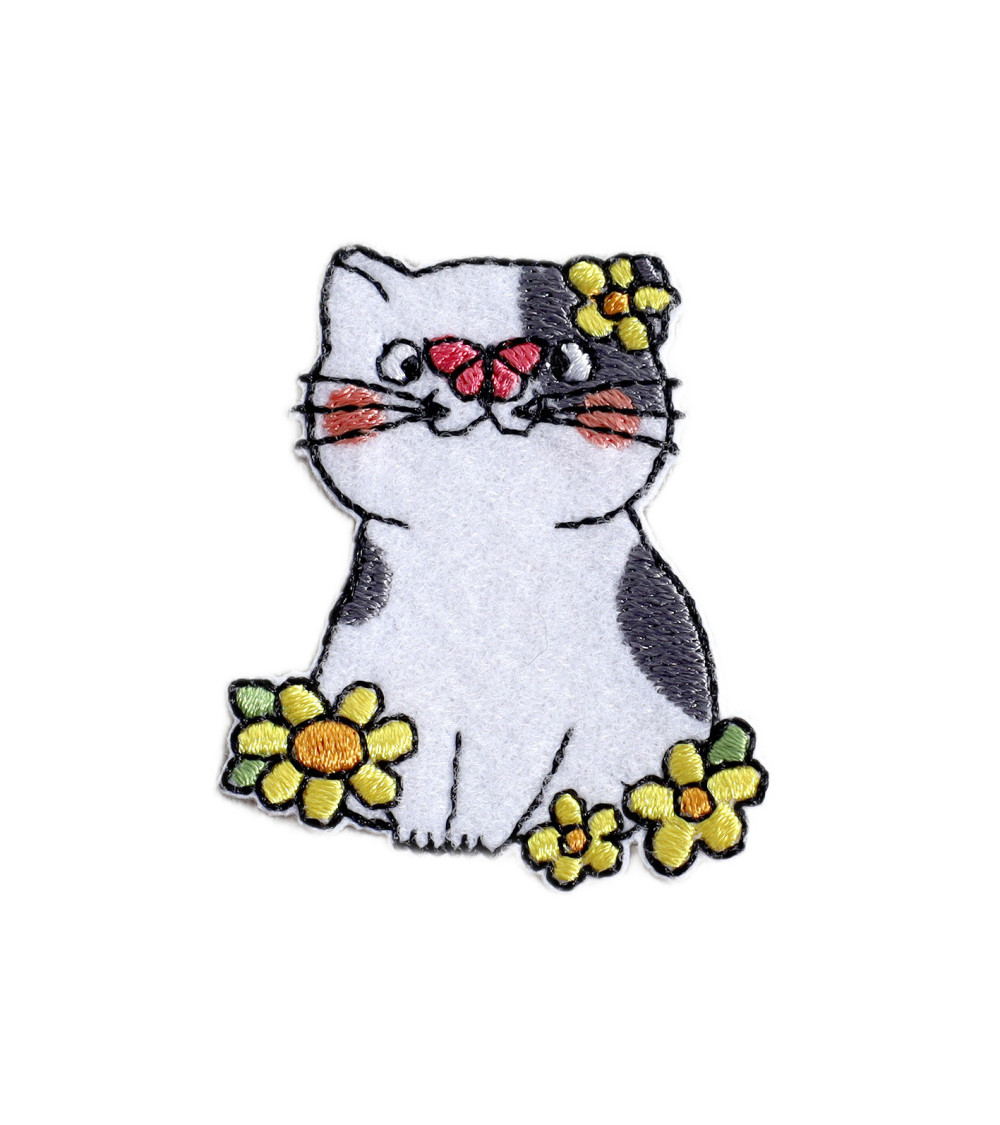 Ecusson chat avec fleur blanc 3,5cm x 4,5cm